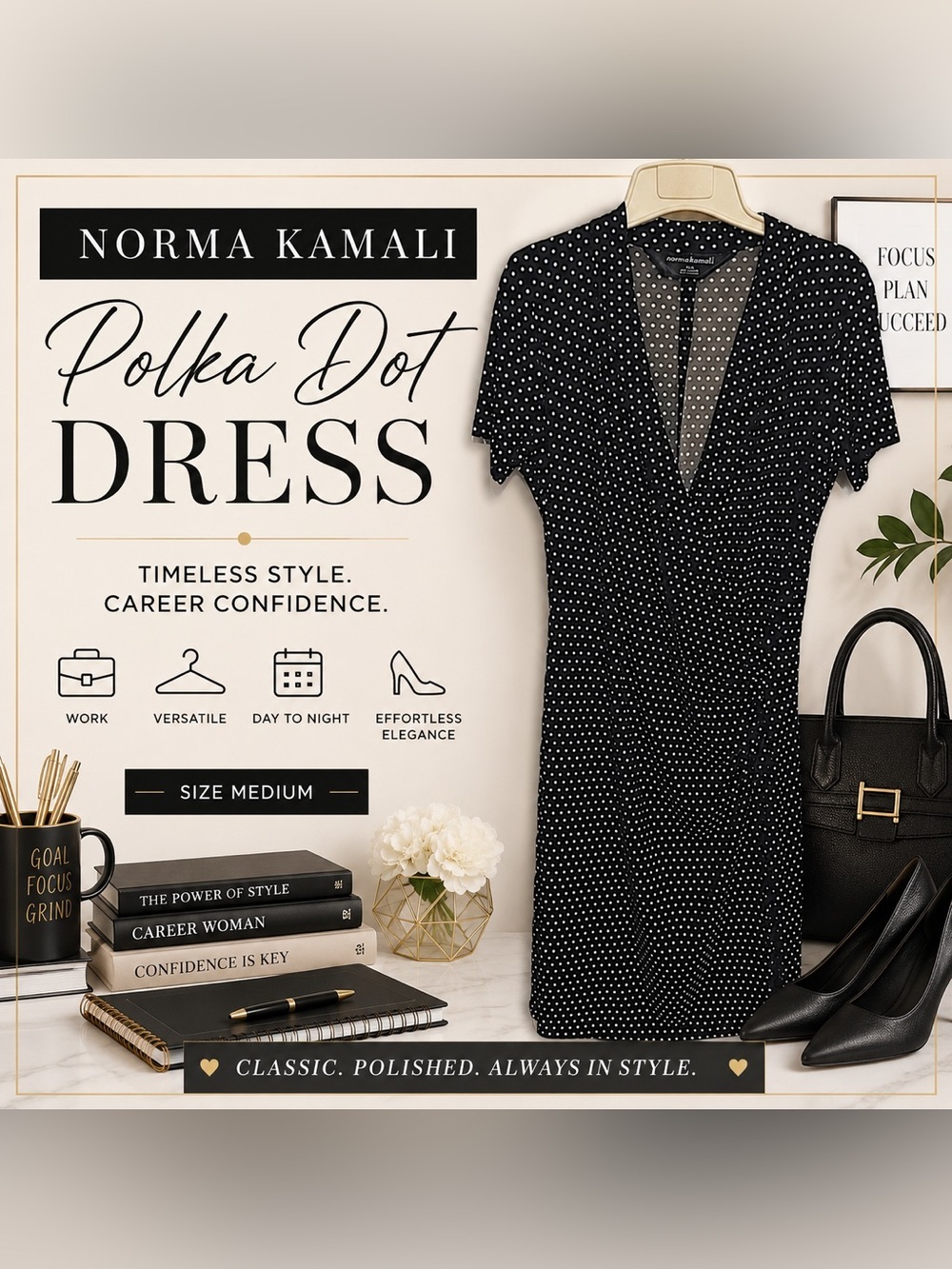 Norma Kamali Black White Polka Dot Stretch Midi Dress Size Medium